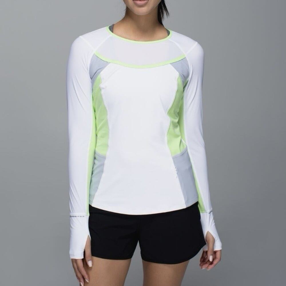 Lululemon Women Trail Bound Long Sleeve White Clear Mint Green Thumbhole Shirt 6 - Picture 9 of 10